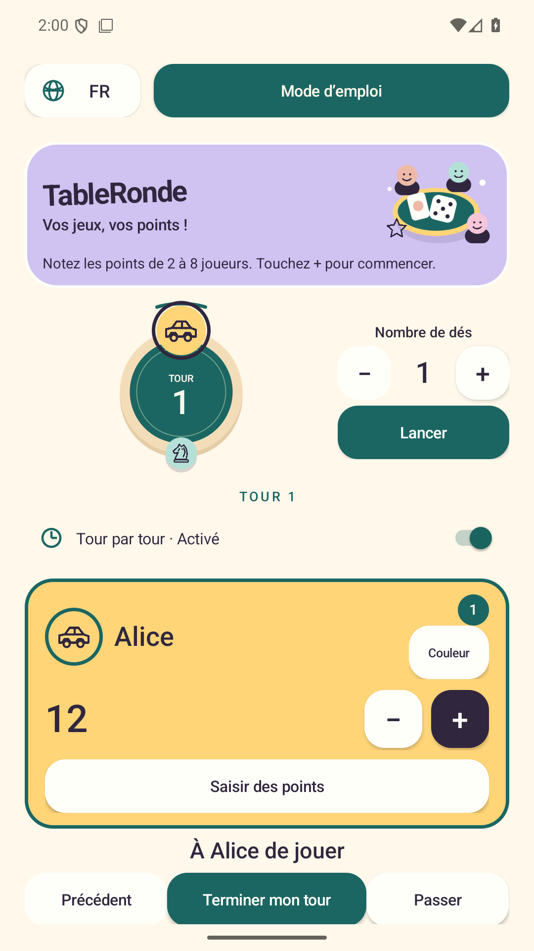 Écran réel de TableRonde en français, avec la table et les cartes des joueurs